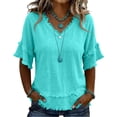 thumbnail image 2 of Stralyhd Linen Tops for Women 3/4 Sleeve Top Casual V Neck Shirt Trendy Work Blouses 2026 Summer Outfits Cyan XL, 2 of 6