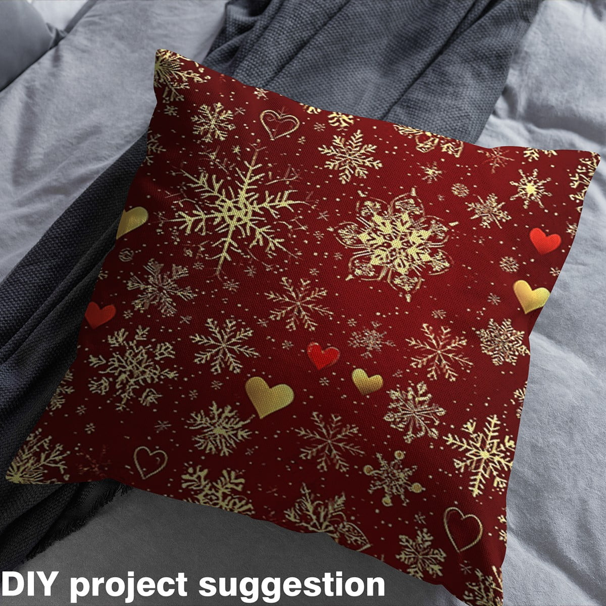 Homewish Xmas Christmas Snowflake Fabric by the Yard 1 Yard,Cartoon Heart Print Home Decor Fabric by the Yard,Gold Red Sewing Fabric For Girls Kids,Ultra Soft Home Decor
