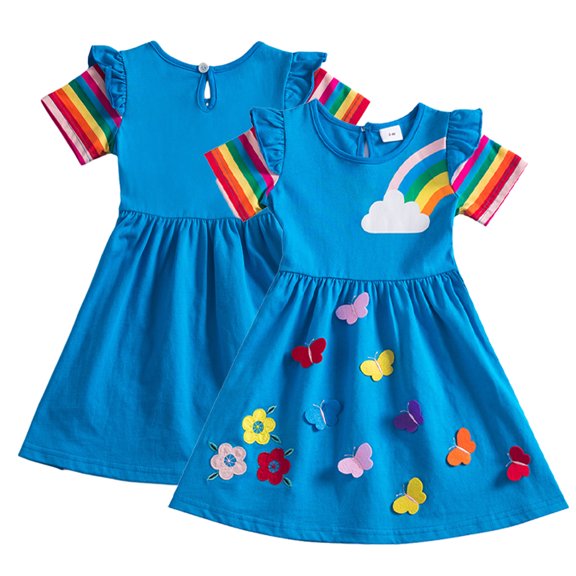 YTDSCS Little Girls Short Sleeve Dress for Toddler Kids Summer Butterfly Embroidered Sundress Baby Floral Rainbow Sleeves Princess Dresses 3-8T