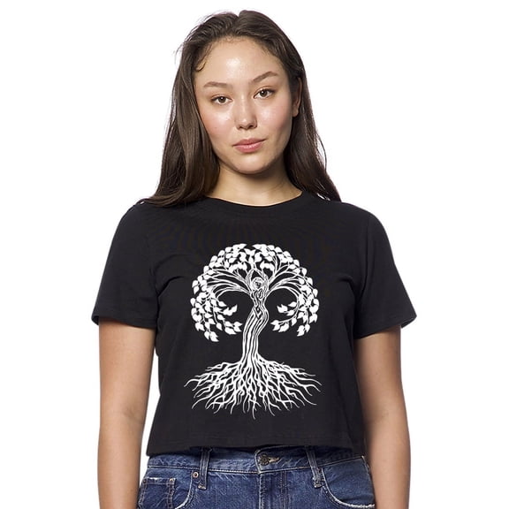Womens Celtic Tree of Life American-Made Cute Cropped Yoga Tee Shirt, Extra Small Black