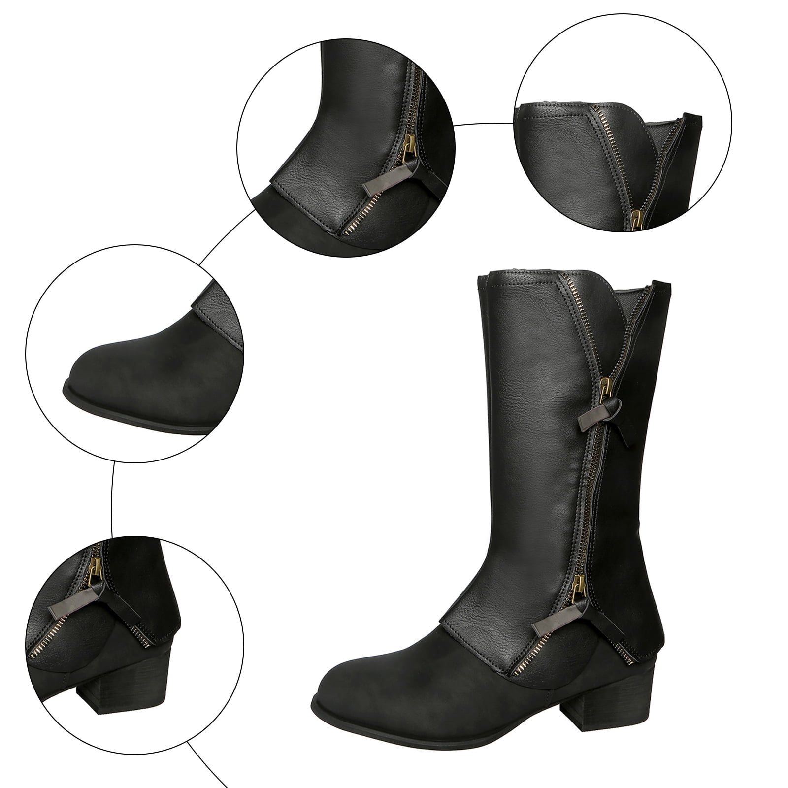 靴 Fold-Over Zip Western Biker Boots Pandaie Women's Fold Over Boots Chunky Heel Mid Calf Slouchy