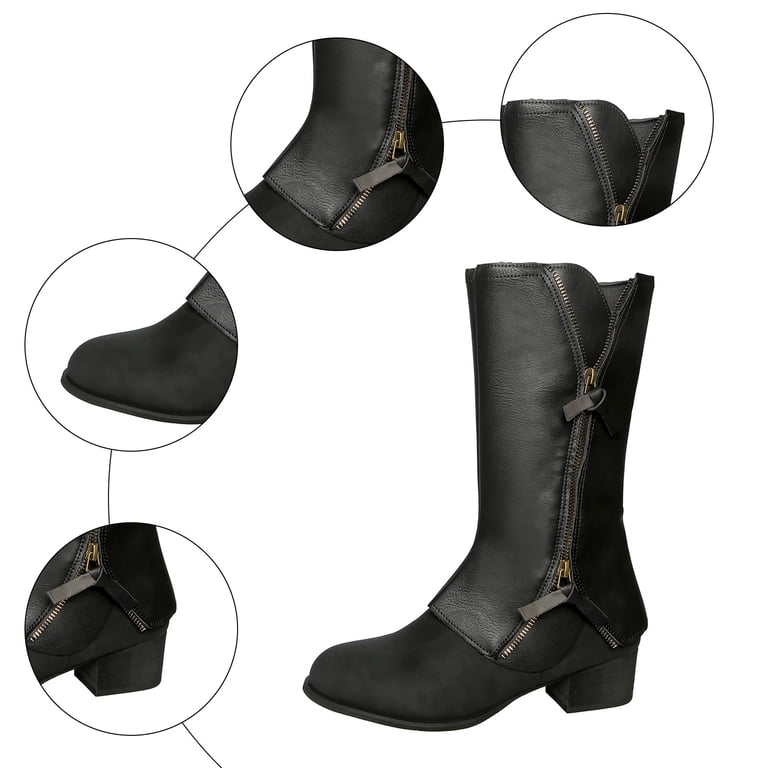 靴 Fold-Over Zip Western Biker Boots Pandaie Women's Fold Over Boots Chunky Heel Mid Calf Slouchy