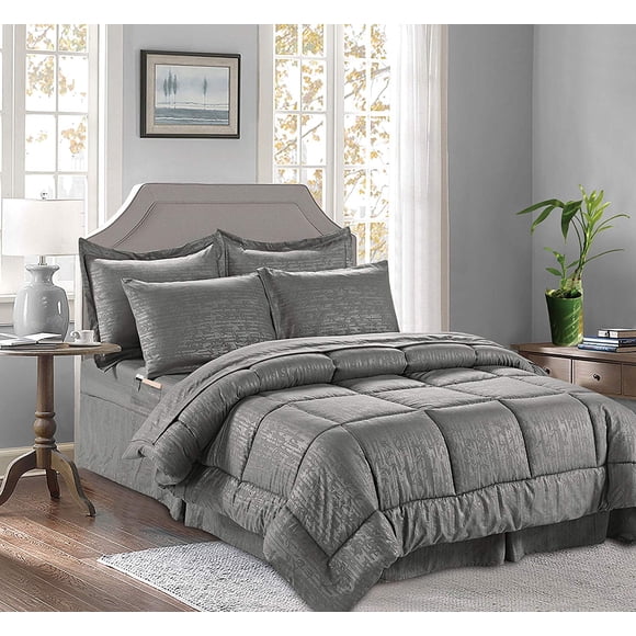 Ensemble de Douillette 8 Pcs Bed-In-A-Bag - Douillette au Design Bambou Soyeux et Doux, Ensemble de Draps, avec Poches de Rangement Double Face, Très Grand/Cal Très Grand, Gris