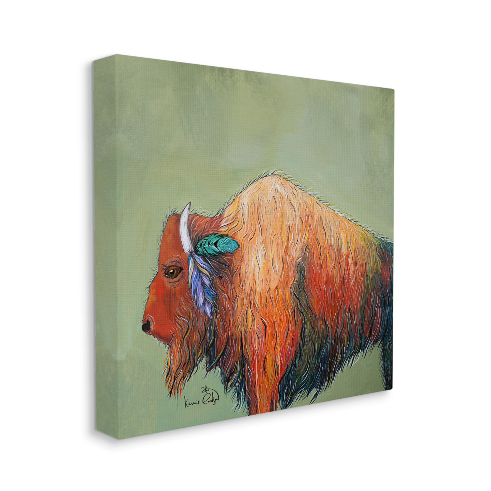Stupell Industries Vivid Bison Hanging Feathers Horn Abstract Hair Painting Gallery Wrapped Canvas Print Wall Art, Design by Karrie Evenson