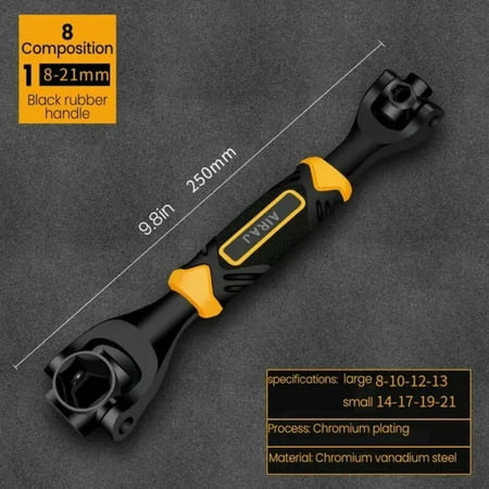 

LIISANSA Ideal for all DIY projects this reliable and sturdy multi-functional eight-in-one chromium vanadium steel wrench with anti-slip rubber handle is a durable manual tool that ensur