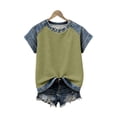 thumbnail image 2 of Womens Short Sleeve Waffle Knit Top Denim Trim, Raglan Sleeve Summer Round Neck Tees Casual Layered Look T-Shirts for Daily Wear Soft Jean Inspired 2026 Fashion, 2 of 7