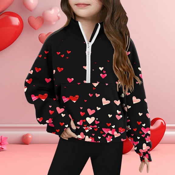 Valentine's Day Sweatshirt for Girls, Hearts Print Oversized Half Zip Hoodie with Pocket, Kids Warm Pullover for Valentine's Gifts & Casual Wear, 6-12 Years,Size 7 T