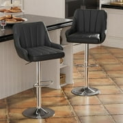 VECELO Set of 2 Swivel Bar Stools, Adjustable Counter Height Barstools Faux Leather Chair with Backrest and Armrest, Black
