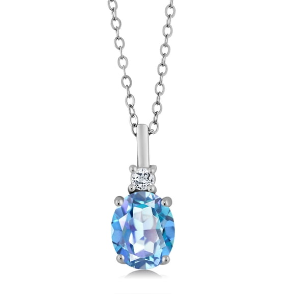 Gem Stone King 2.38 Cttw Millennium Blue Mystic Quartz and White Topaz Pendant Necklace for Women | 925 Sterling Silver | Gemstone Birthstone | Oval 9X7MM | With 18 inch Silver Chain