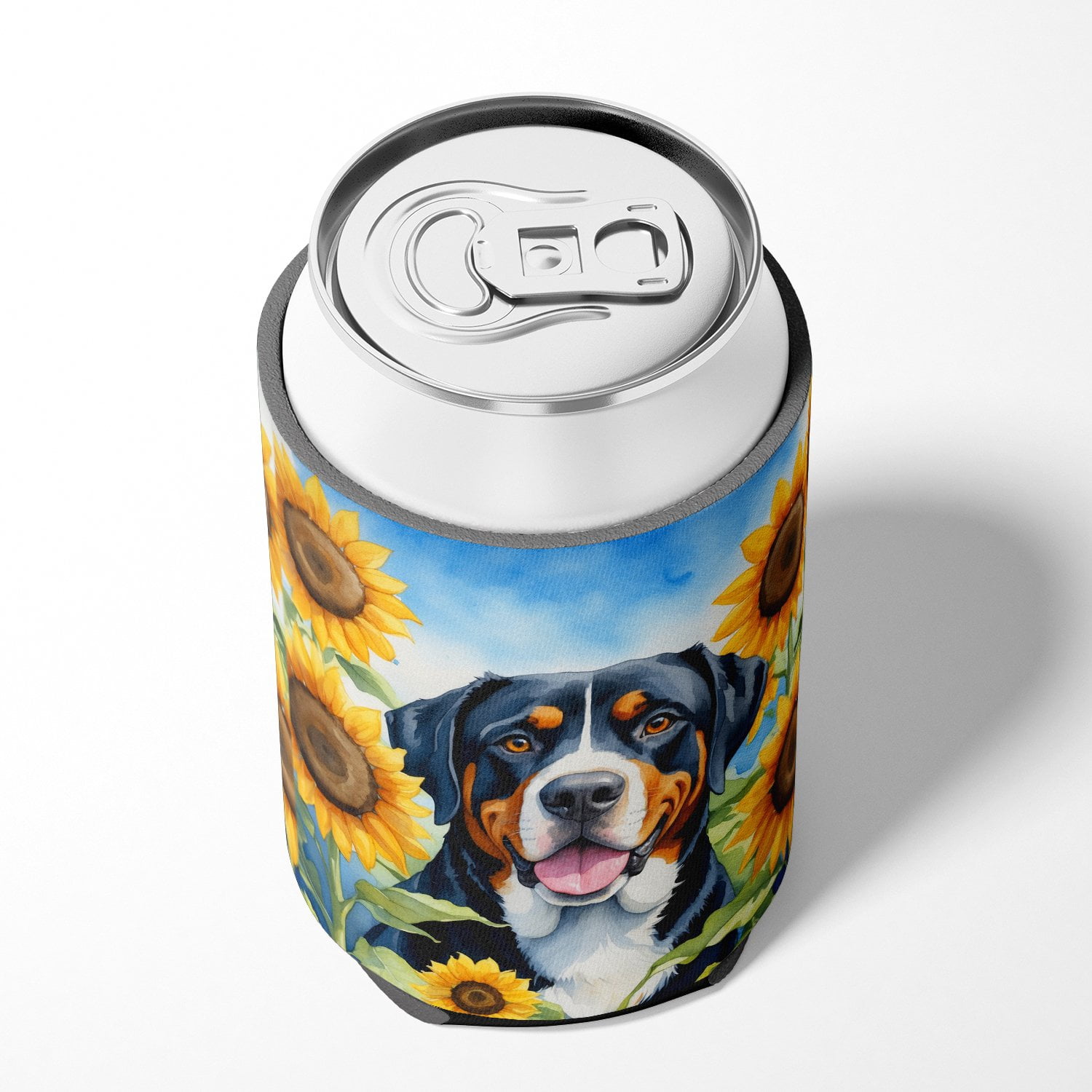 Greater Swiss Mountain Dog in Sunflowers Can or Bottle Hugger 3 in x 5 in