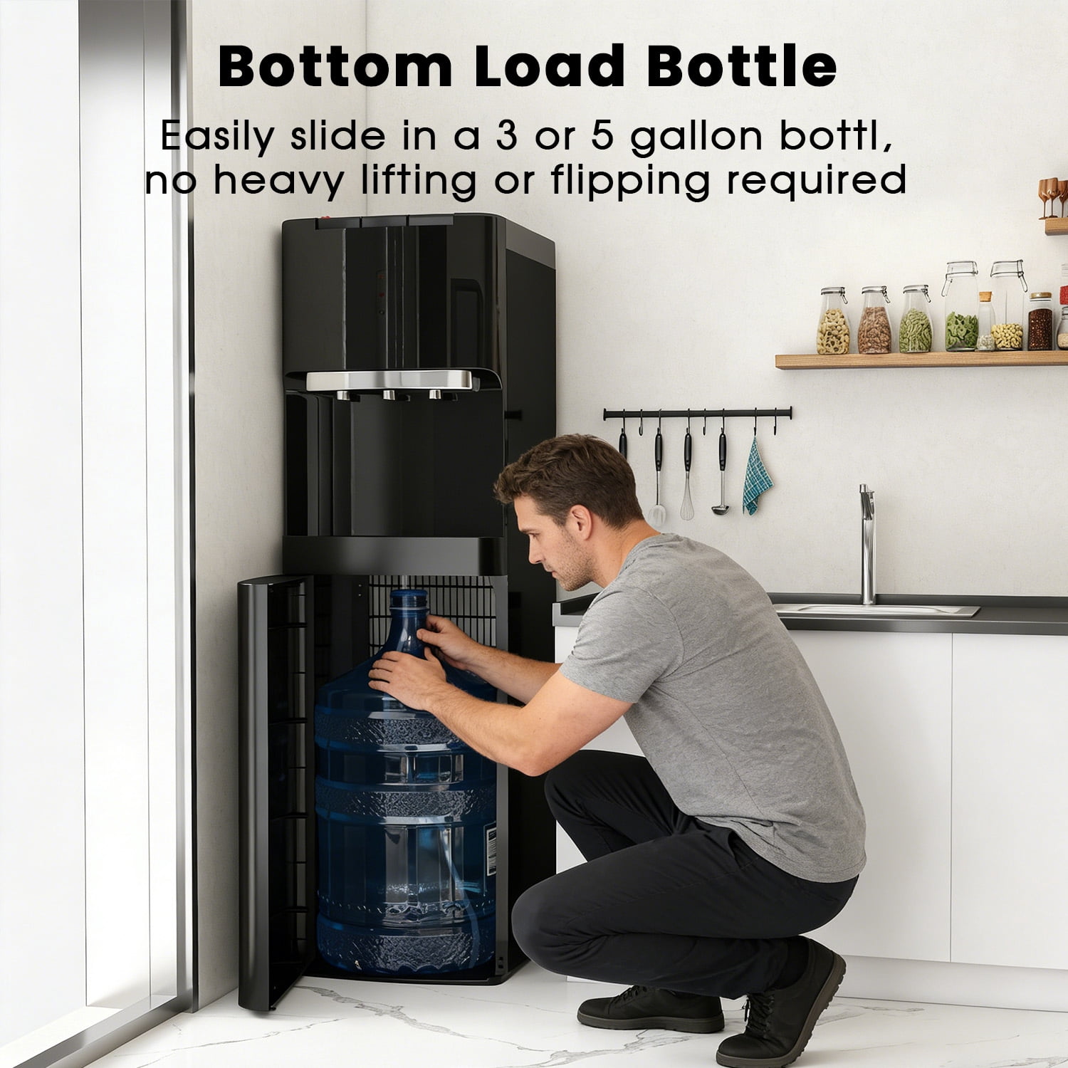 Water Dispenser for 3 and 5 Gallon Bottles – Bottom Load Water Machine with Hot, Cold & Room Temperature Options, Self-Cleaning & Safe Design, Black