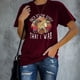 thumbnail image 2 of Camisetas de mujer de manga corta con cuello redondo y estampado de letras, camisetas holgadas y transpirables de verano para mujer, color rojo vino L, 2 of 6