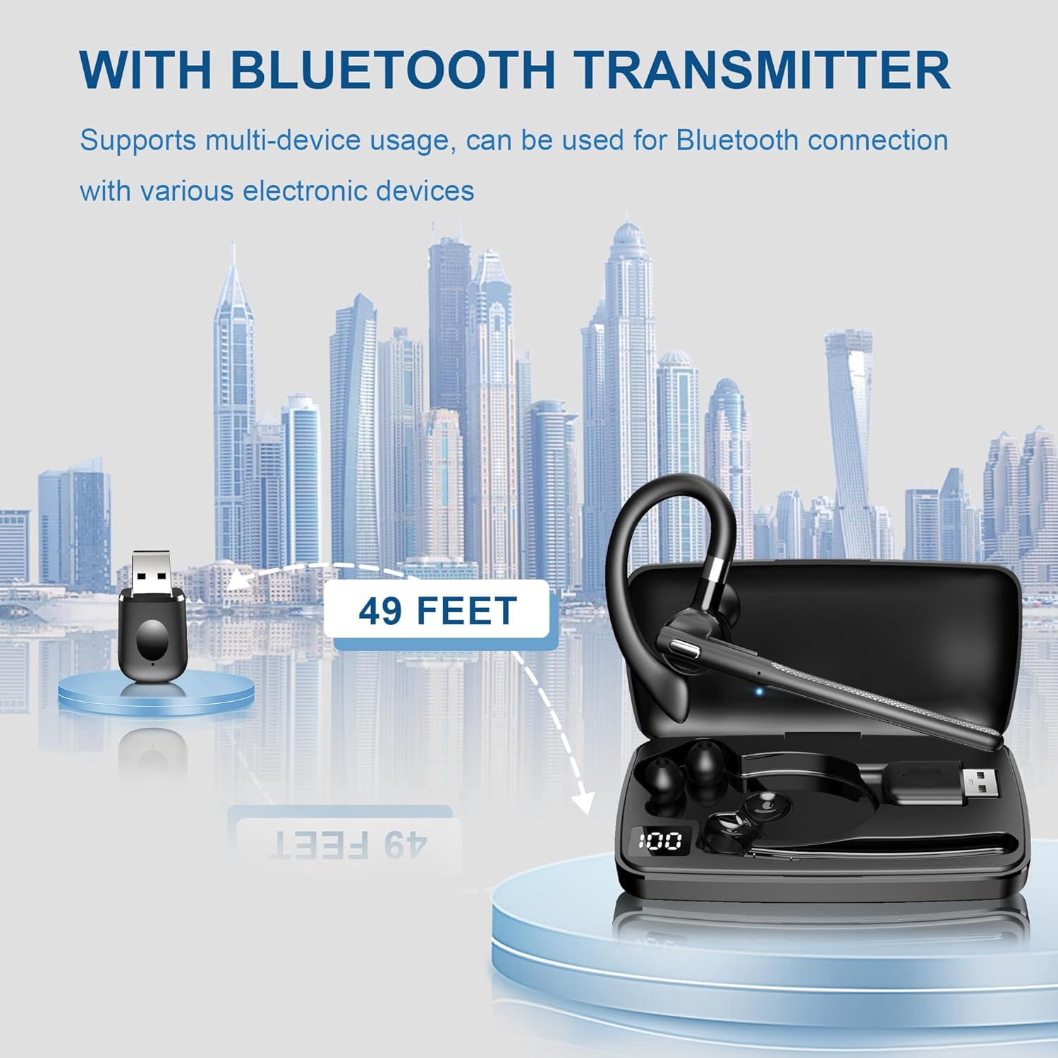 Bluetooth Headset, Wireless Earpiece with 500mAh Charging Case Hands Free Noise Canceling Headphones with Dual-Mic for Computer Cell Phones Trucker Home Office Work