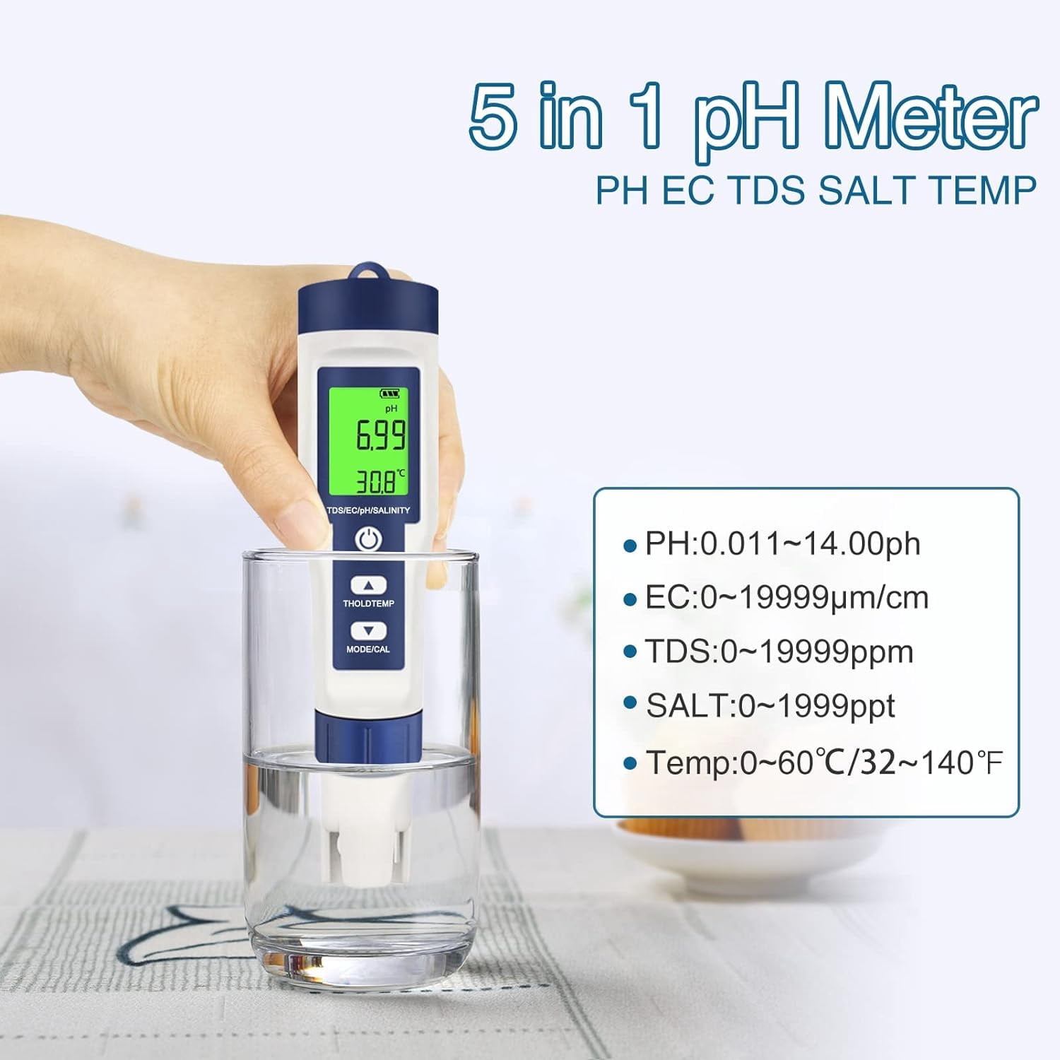 5 in 1 Tester  Pool Salt Tester & pH Meter with Temperature, Digital Meter and PH Tester for Water, PH/TDS/EC/Salinity/Temp Meter with ATC, for Household Drinking Water Hot Tub Spas Fish Tank