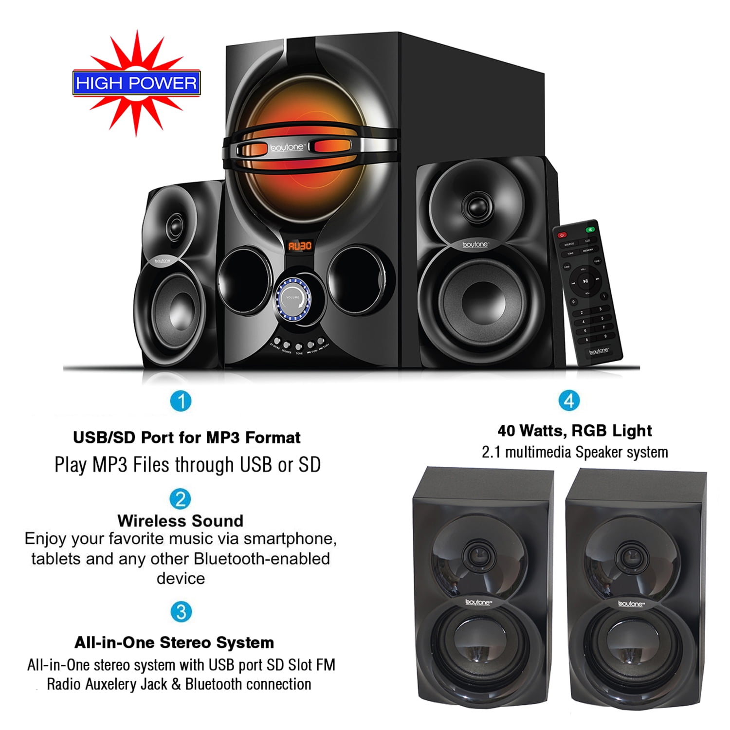 Home Theater Speaker  FM Wireless Bluetooth Premium HiFi Stereo Boytone BT-64B 