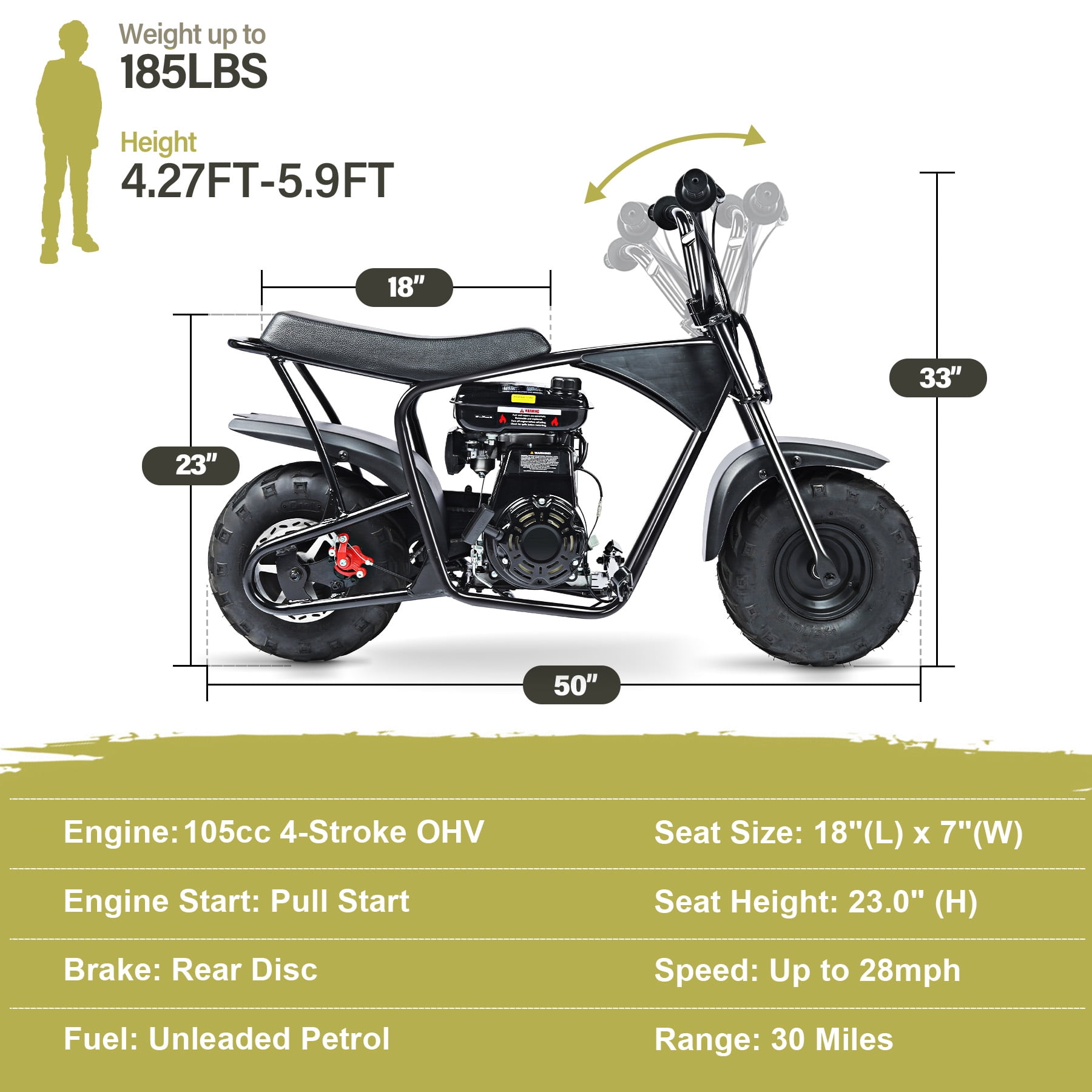 Oryxearth OGM105 Plus 4-Stroke Mini Bike, 105CC Gas Powered Dirt Bike,Off-Road Trail for Adult, up to 28 Mph, Black