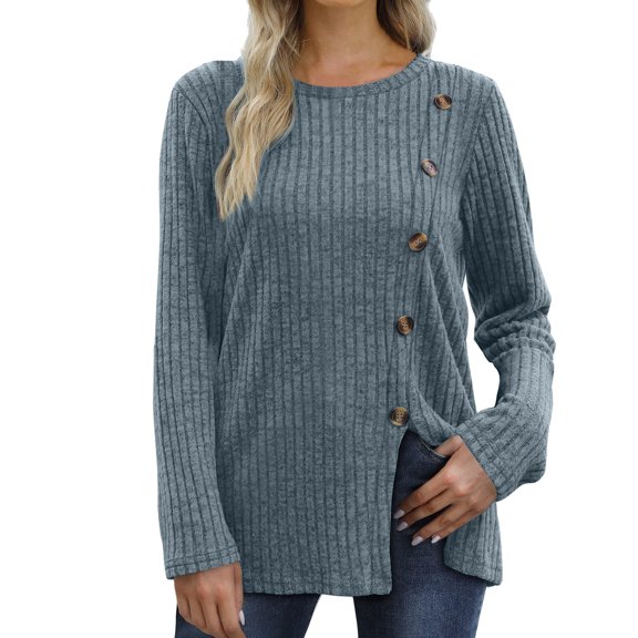 Long Sleeve Shirts for Women Crew Neck Side Split Solid Color Fashion Knit Tunic Tops Comfy Lightweight Loose Tees