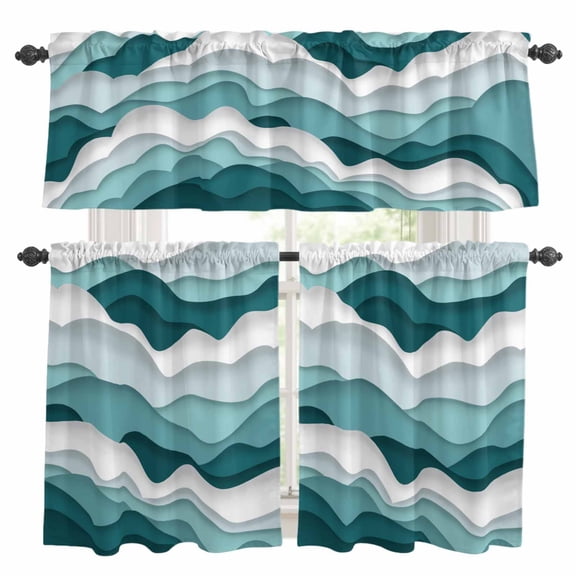 Turquoise Ombre Kitchen Curtains Sets for Windows 36 Inch Length, Modern Geometric Moire Abstract Art Rod Pocket Window Treatments Tier Curtains and Valances Set for Bedroom/Bathroom
