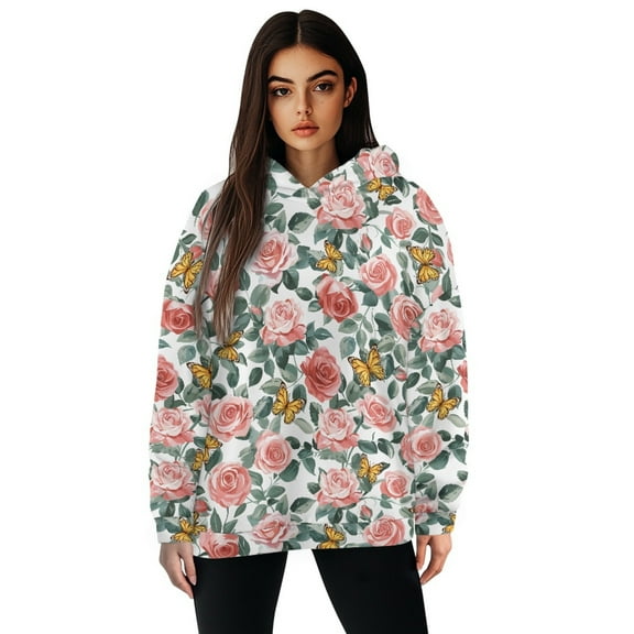 FOR U DESIGNS Butterfly Rose Womens Oversized Hoodies Sweatshirts Hooded Pullover Size S Hoodie Long Sleeve Down-Shoulder Collar Activewear Tops for Women Loose
