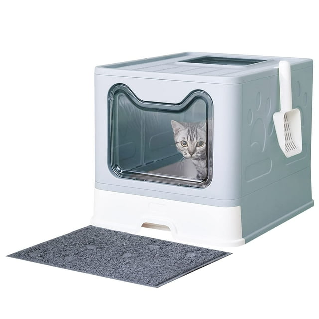 Caja de arena para gatos Medario grande con tapete, cuchara y tapa, azul