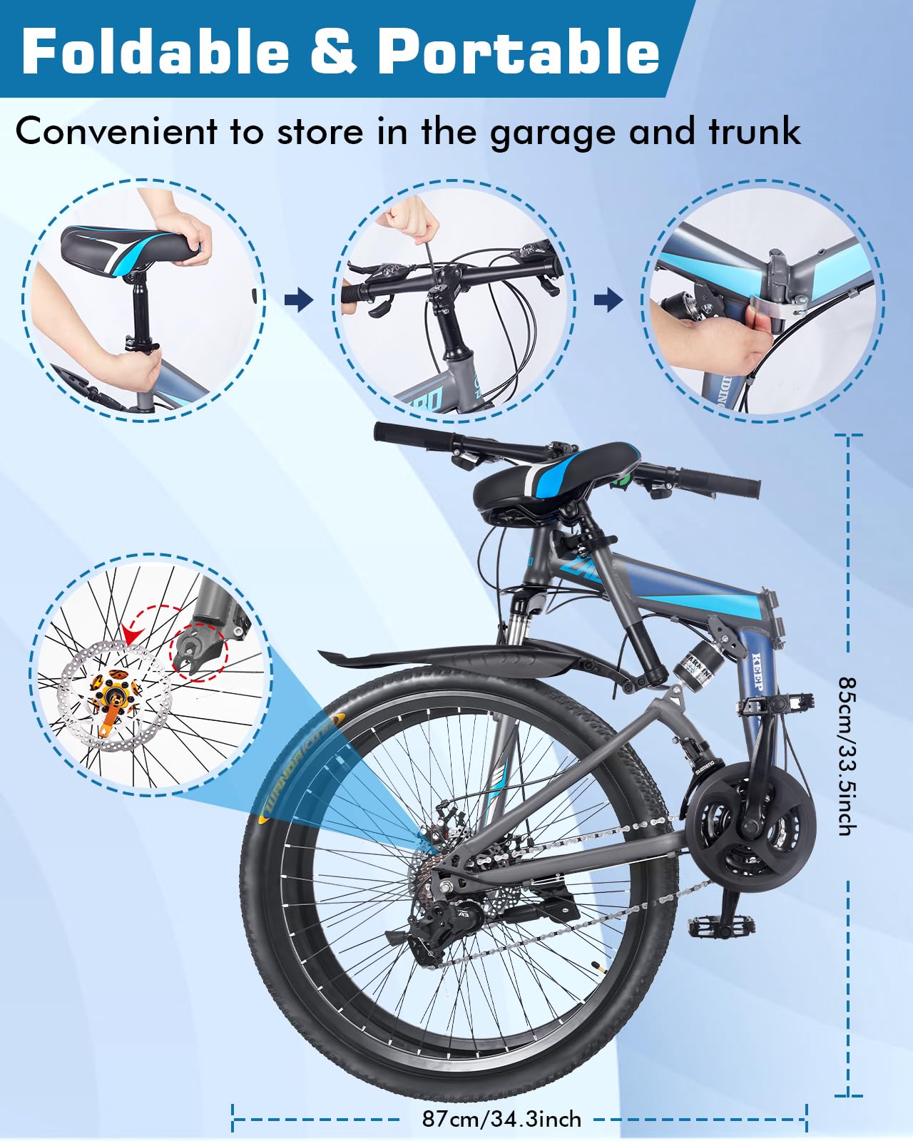 Zacro 26 inch Folding Mountain Bike for Adults, 24 Speed Carbon Fiber Wheels MTB Bicycle, Blue