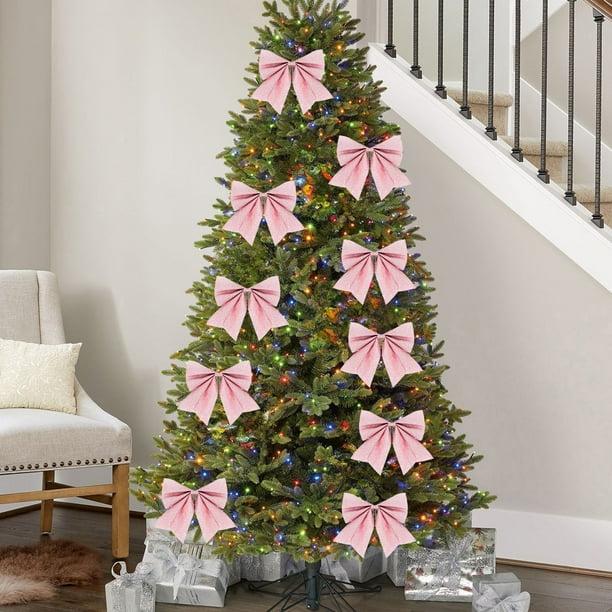 Lazos navideños decorativos (paquete de 10) | Lazos de cinta de plástico con nudo de criatura para festivales | Colores lisos: blanco, rojo, rosa y plateado | Envoltura de regalos, decoración para