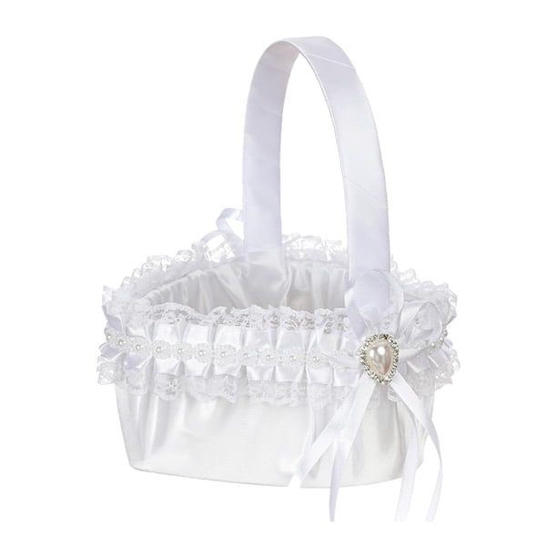 Cesta de flores para niña, cesta de encaje para , cesta de almacenamiento para fiestas, cestas de flores, cesta de cintas de satén blanco
