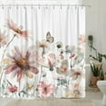 thumbnail image 3 of Farmhouse Boho Floral Shower Curtain, Bright Pink Sage Teal Cream Tan Grey White Rustic Flowers Butterfly Fabric Shower Curtain, Cute Aesthetic Botanical Decorative Shower Curtain with 12 Hooks 72×72, 3 of 4