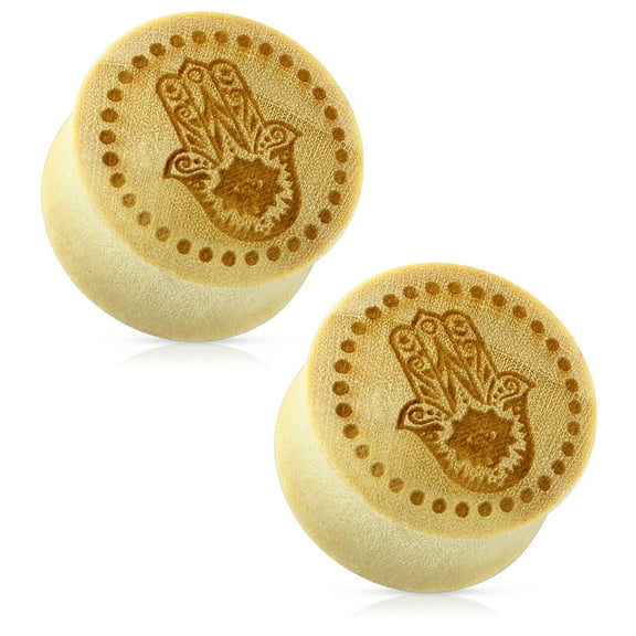 Ear Plugs Organic Wood Hamsa Hand Symbol 00 Gauge to 1 Inch Pair