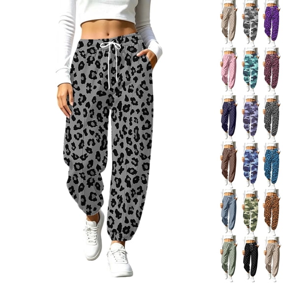 Womens Sweatpants, Women's Leopard Print Sweatpants Drawstring Waist Joggers with Pockets Baggy Barrel Leg Lounge Pants