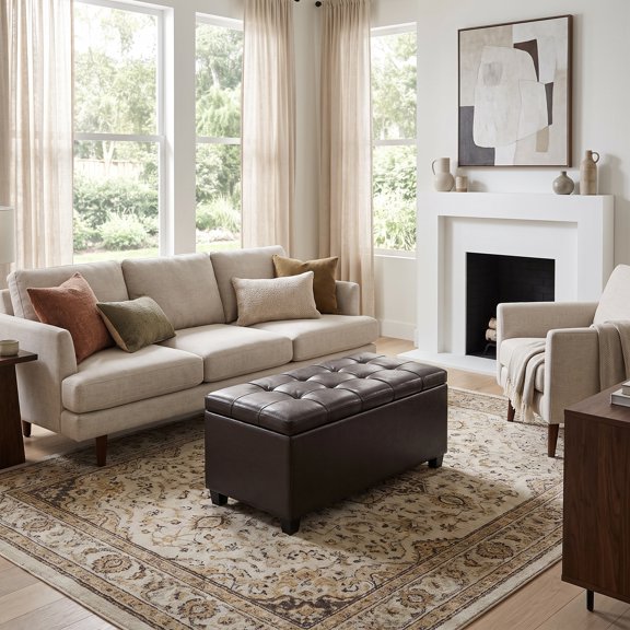 Sienna 34" Transitional Rectangle Ottoman Bench in Tanners Brown Faux Leather