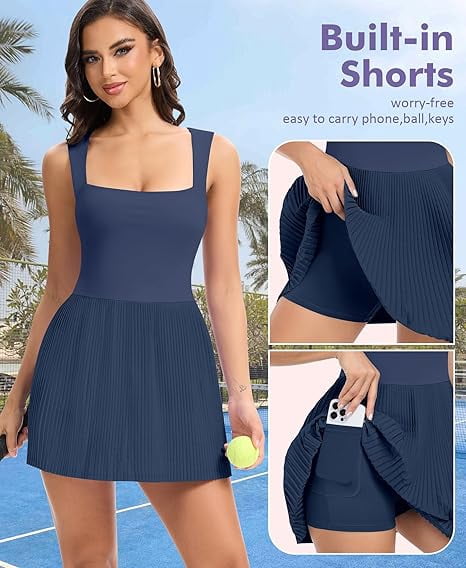 JoyGirl Womens Square Neck Tennis Dress Pleated Sleeveless Golf Dress with Built in Shorts Athletic Dresses with Pockets