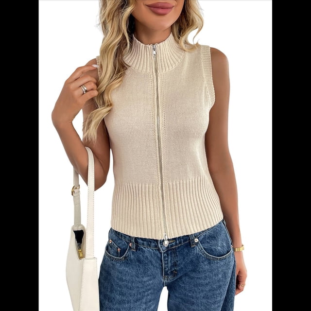 Chaleco de Suéter con Cremallera para Mujer, Sin Mangas, de Punto Acanalado, con Cuello en V y Rayas Albaricoque S