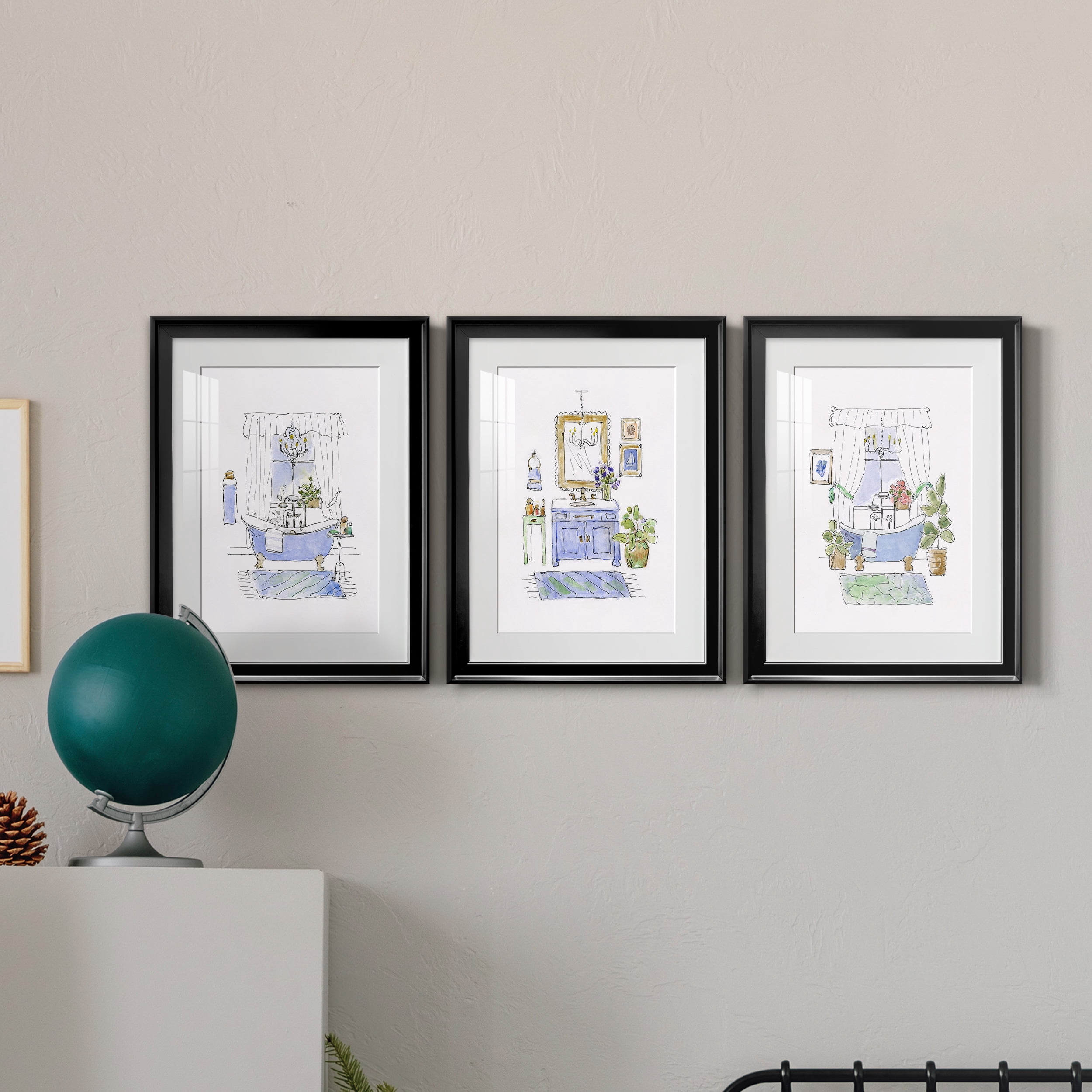 Sketchy Bath I Premium Framed Prints Set of 3 - Ready to Hang - 22 x 30 Each - Black Frame