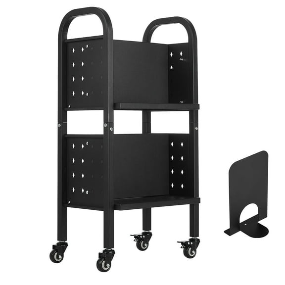 KFFKFF Rolling Library Book Cart, 150 lbs Capacity, 17.7 x 13.0 x 34.6-Inch, Double-Sided L-Shaped Shelves with 2-Inch Lockable Wheels, Book Truck for Home, Office, and School, Black