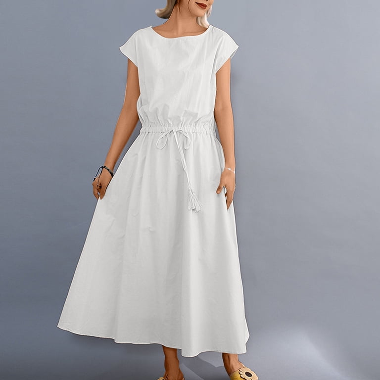 Diufon Cotton Linen Dresses for Women Elastic Waist Drawstring A-Line Dress Crewneck Cap Sleeve Dress - Walmart.com Diufon Cotton Linen Dresses for Women Elastic Waist Drawstring A-Line Dress Crewneck Cap Sleeve Dress - Walmart.com
