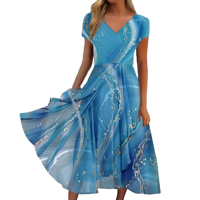 Ketyyh-chn99 Robes d'Été pour Femmes 2024 Robe Maxi Imprimé Floral Col en V Manche Mi-Longue Robe Bohème une-Pièce Bleu Ciel, TG