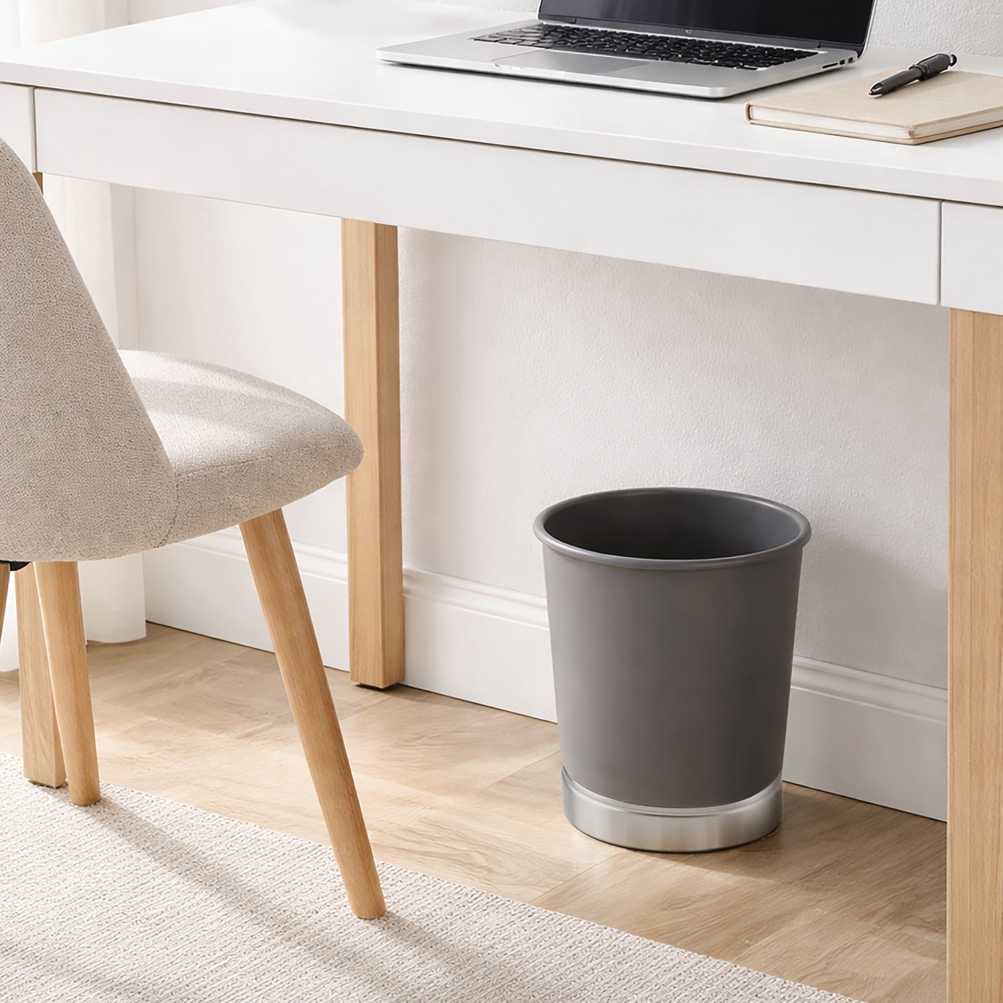 iDesign Home Office Trash Can, 2 Gallon Small Steel Round Open Top Garbage Bin, Gray/Brushed Metal Base