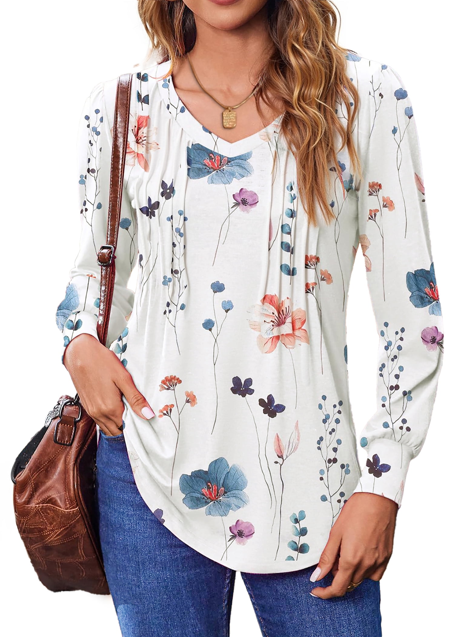 Fantaslook Long Sleeve Shirts for Women Fall Tops Dressy Casual Blouses Pleated V Neck Tunic Tops