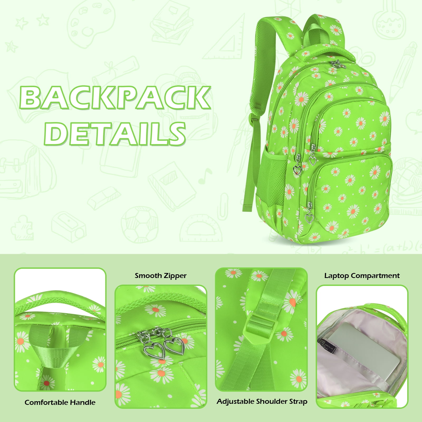 Forestfish Teen Backpack Set with Insulated Lunch Bag & Pencil Case, Water-Resistant Nylon School Bag（Daisy A/Fluorescent Green）