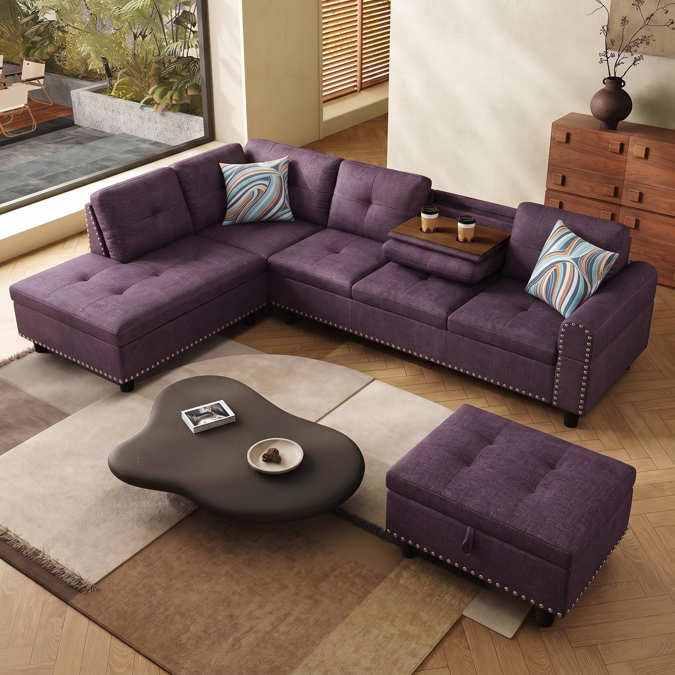 AENKYO 98" L-Shaped Sectional Sofa with Reversible Chaise, Storage Ottoman & Cup Holders, Linen, Purple