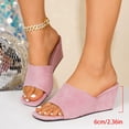 thumbnail image 4 of Women's Suede Wedge Slides Plus Size Square Open Toe Slip on Sandals Summer Solid Color Comfortable Footwear for Casual & Outdoor Pink 8.5(41), 4 of 9