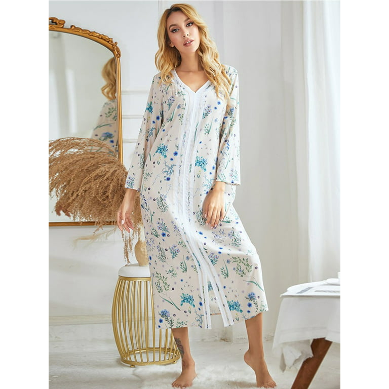 Women Long Sleeve Nightgown Split Hem Sleepwear,White Flower Print Casual  Pajamas Dress Loungwear Home Dress,Comfy Ankle-Length Soft Lightweight V