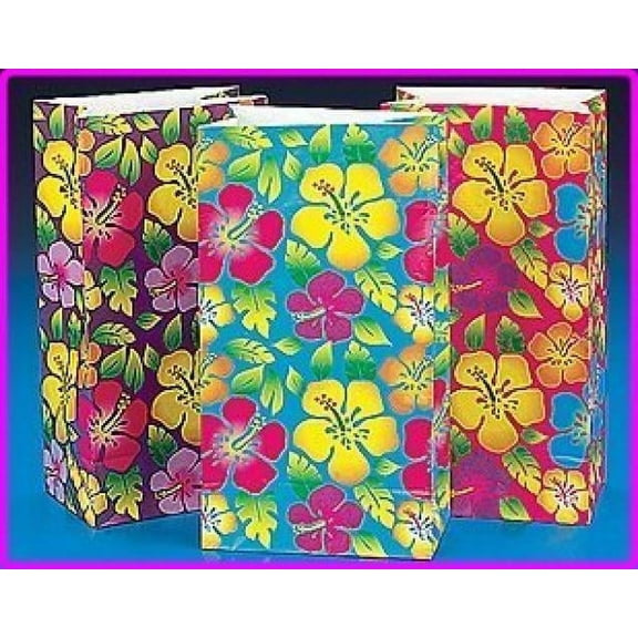 Hibiscus Print Paper Bags - Party Supplies - 12 Pieces