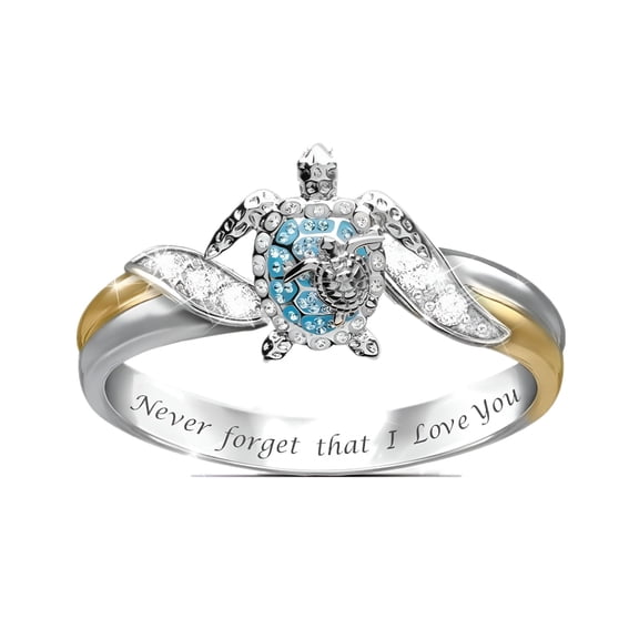 DESIGNICE Turtle Ring, "Mom Loves You Forever" Sea Turtle Crystal Studded Jewelry (Silver, Size #10)