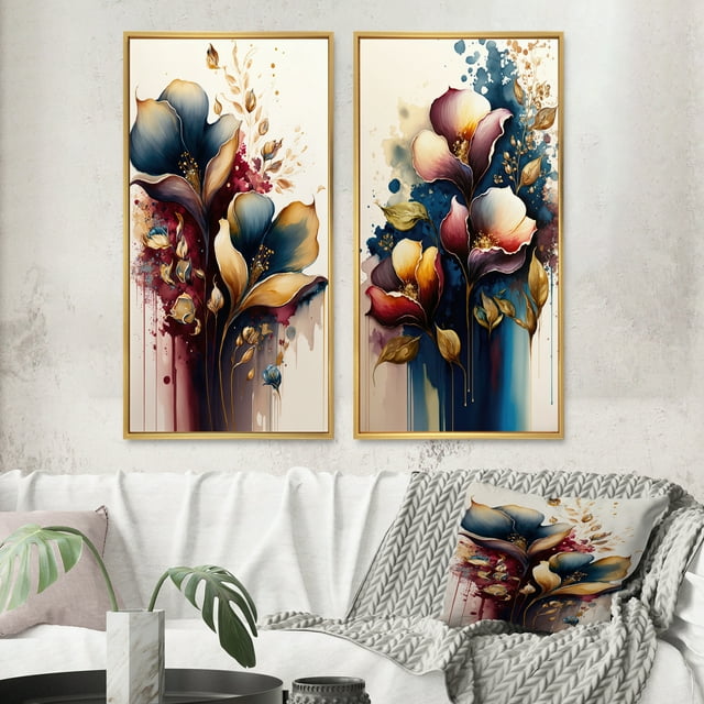 Designart "Navy and Maroon Calla Collection II" Calla Lily Framed Wall Art Set Of 2 - Red Floral Framed Canvas Set For Living Room Decor