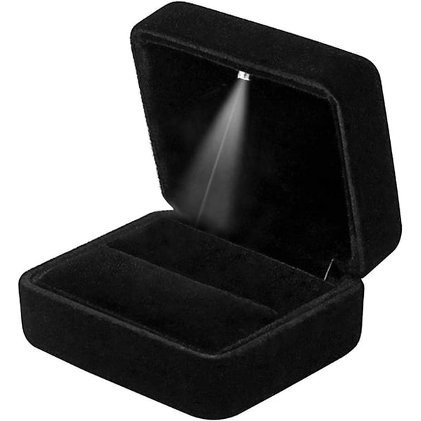 Caja de terciopelo para anillos con luz LED para bodas, pedidas de mano y compromisos (negra)