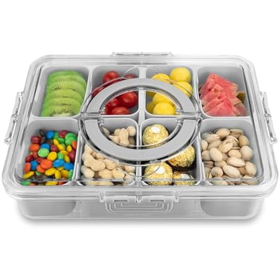 Divided Serving Tray with Lid and Handle,8 Compartments Snacks Box,Snack Fruit and Veggie Tray,Portable Platter for Candy Fruits Nuts Snack Party Entertaining Picnic (1 PCS Grey)