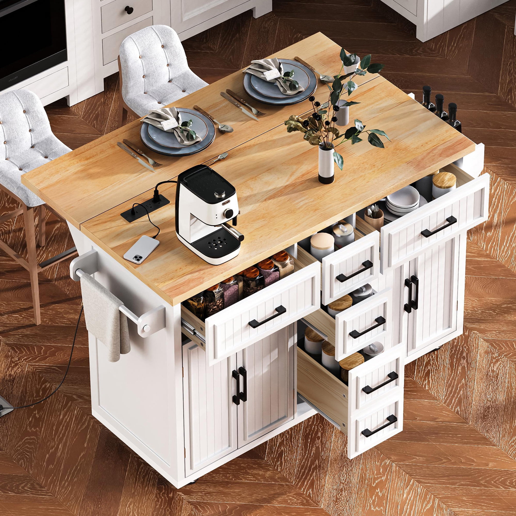 Mintazer 56.5" Vertical Stripe Kitchen Island Cart with Drop Leaf & Power Outlet and Adjustable Shelves, Rolling Kitchen Island Table with 5 Drawers, 2 Cabinets & Spice Rack for Dining Room, White