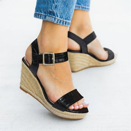 

Fashion Spring And Summer Women Sandals Wedge Heel Animal Pattern Buckle Espadrille